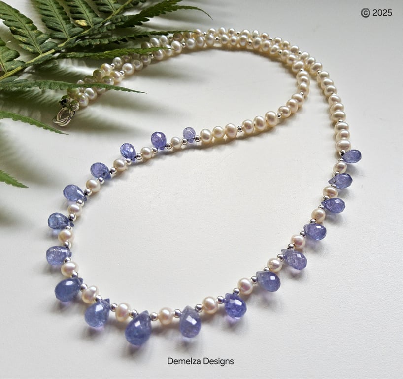 Designer AA Tanzanite & Freshwater Culture Pearl Sterling Silver Necklace 