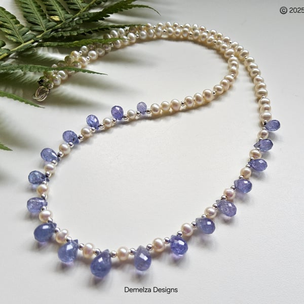 Designer AA Tanzanite & Freshwater Culture Pearl Sterling Silver Necklace 
