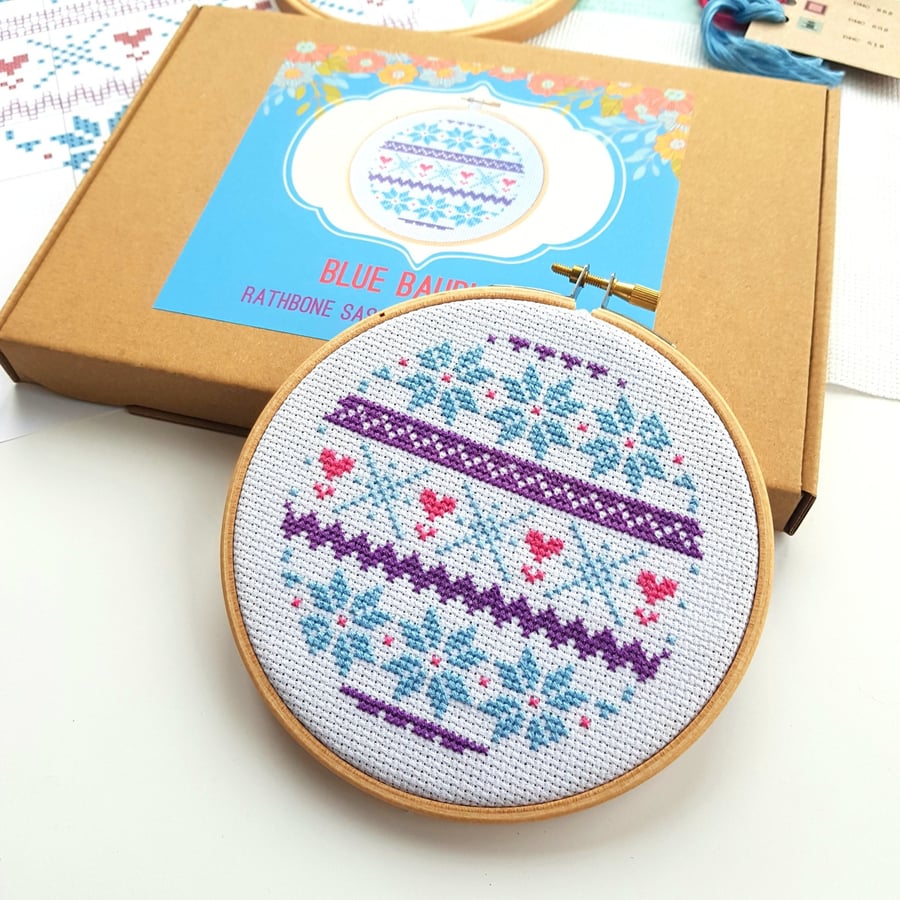 Christmas Fair Isle Cross Stitch Kit Blue Bauble