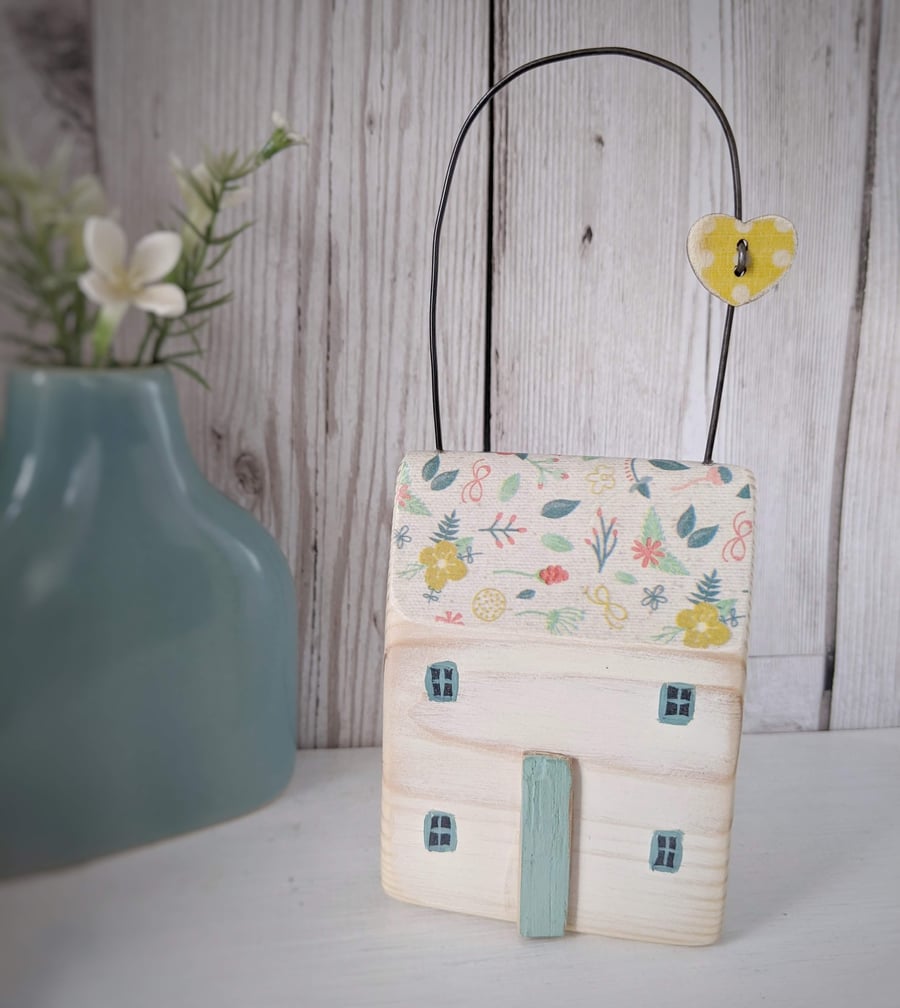 Painted Wooden Floral Hanging House with  Heart Button