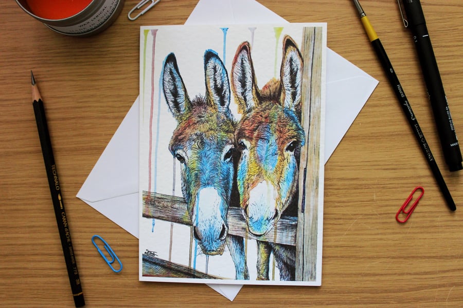 Donkey Greeting Card - Blank Greeting Card, Wildlife Art Card, Free UK Post