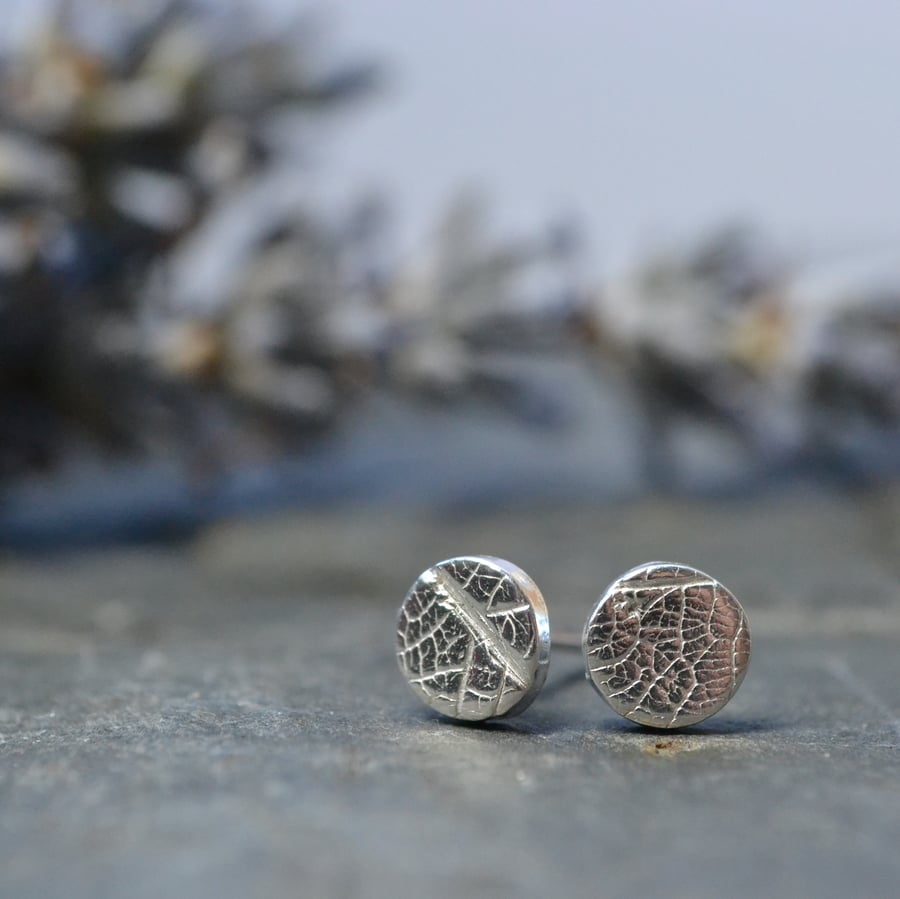 Fine silver leaf textured dot earrings