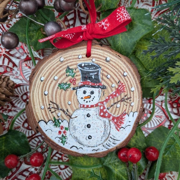 Snowman hand-painted log slice Christmas decoration 