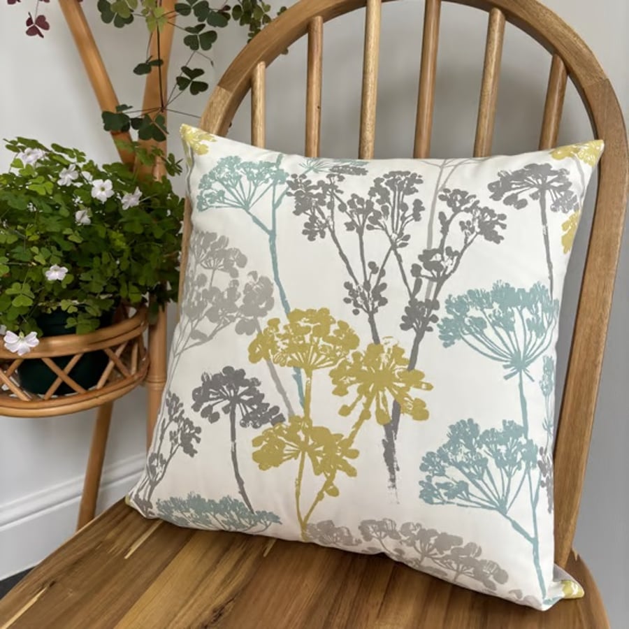 Cushion cover in cow parsley print, blue, grey & mustard, 40cm x 40cm
