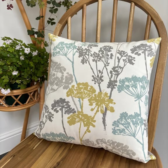 Cushion cover in cow parsley print, blue, grey & mustard, 40cm x 40cm