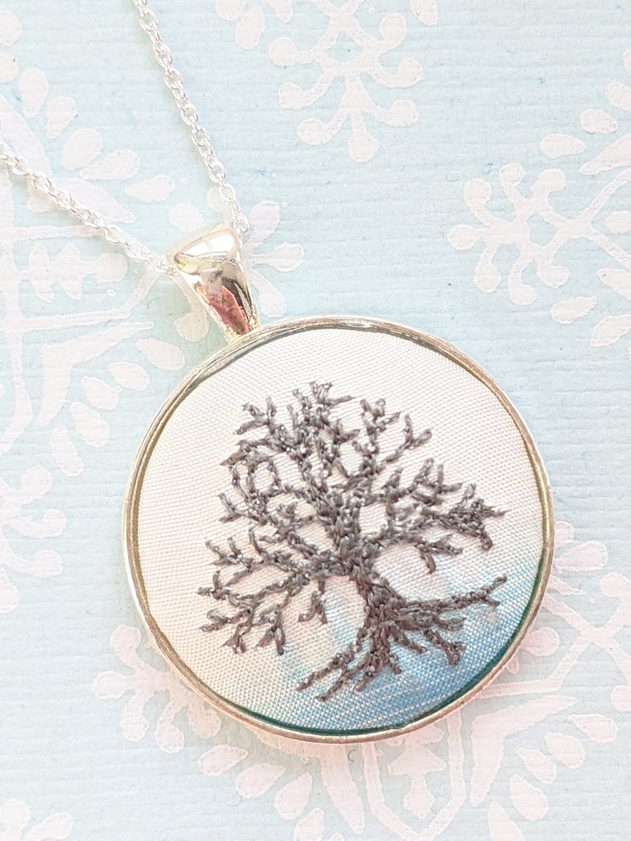 Winter tree embroidered necklace pendant