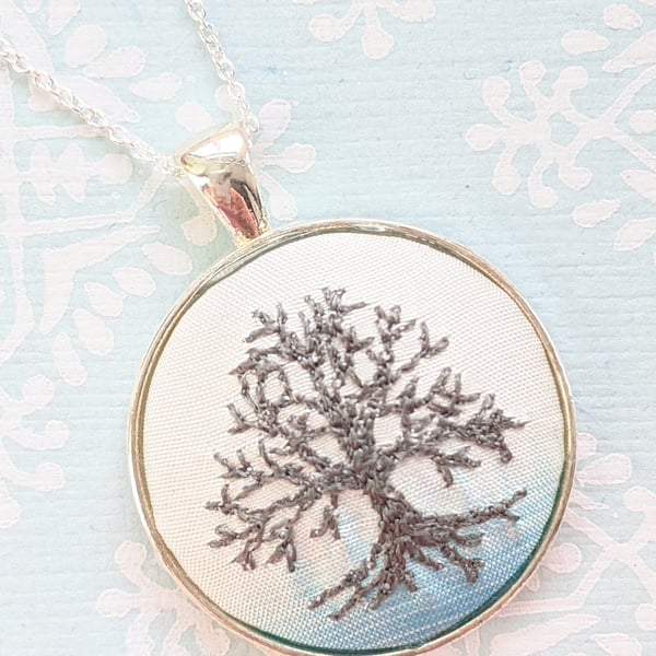 Winter tree embroidered necklace pendant