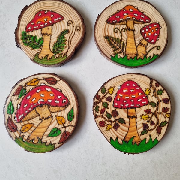 set of 4 Fly Ageric Amanita muscaria mushroom pyrography art hand painted 