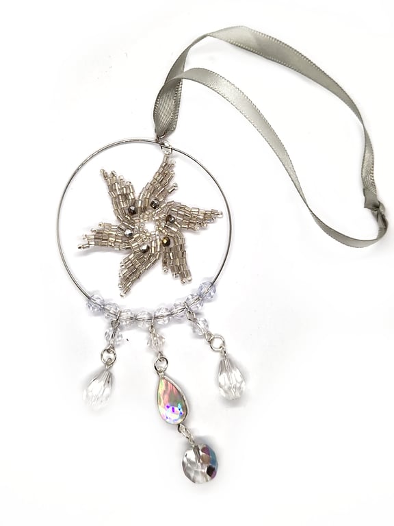 Small silver beaded star shimmering crystals hanging decoration