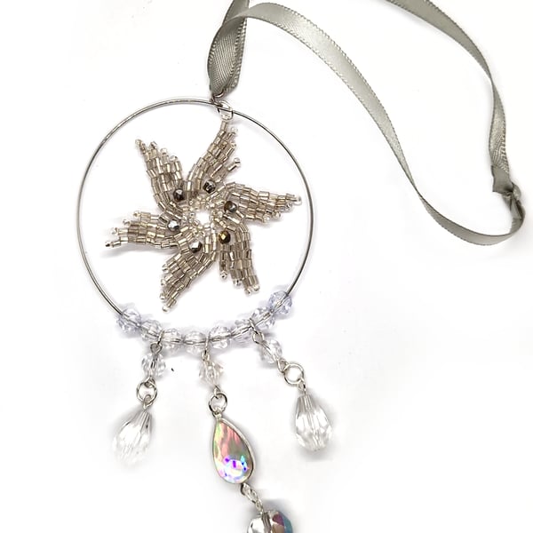 Small silver beaded star shimmering crystals hanging decoration