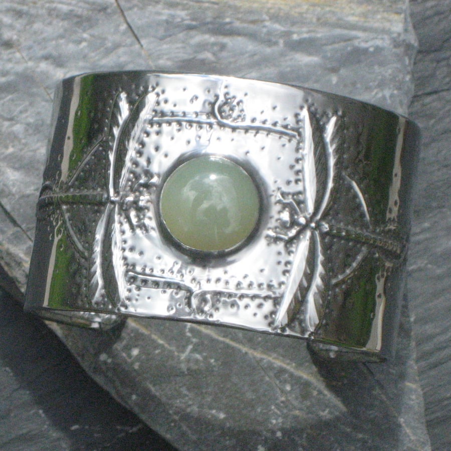 Silver Pewter Dragonfly Cuff Bracelet with Jade