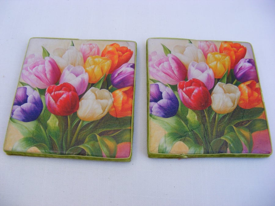 Set of 2 Decoupaged Ceramic Tulip Coasters