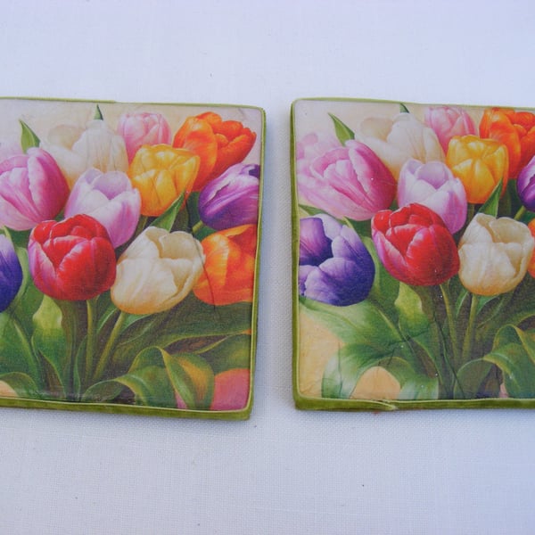 Set of 2 Decoupaged Ceramic Tulip Coasters