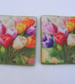 Set of 2 Decoupaged Ceramic Tulip Coasters