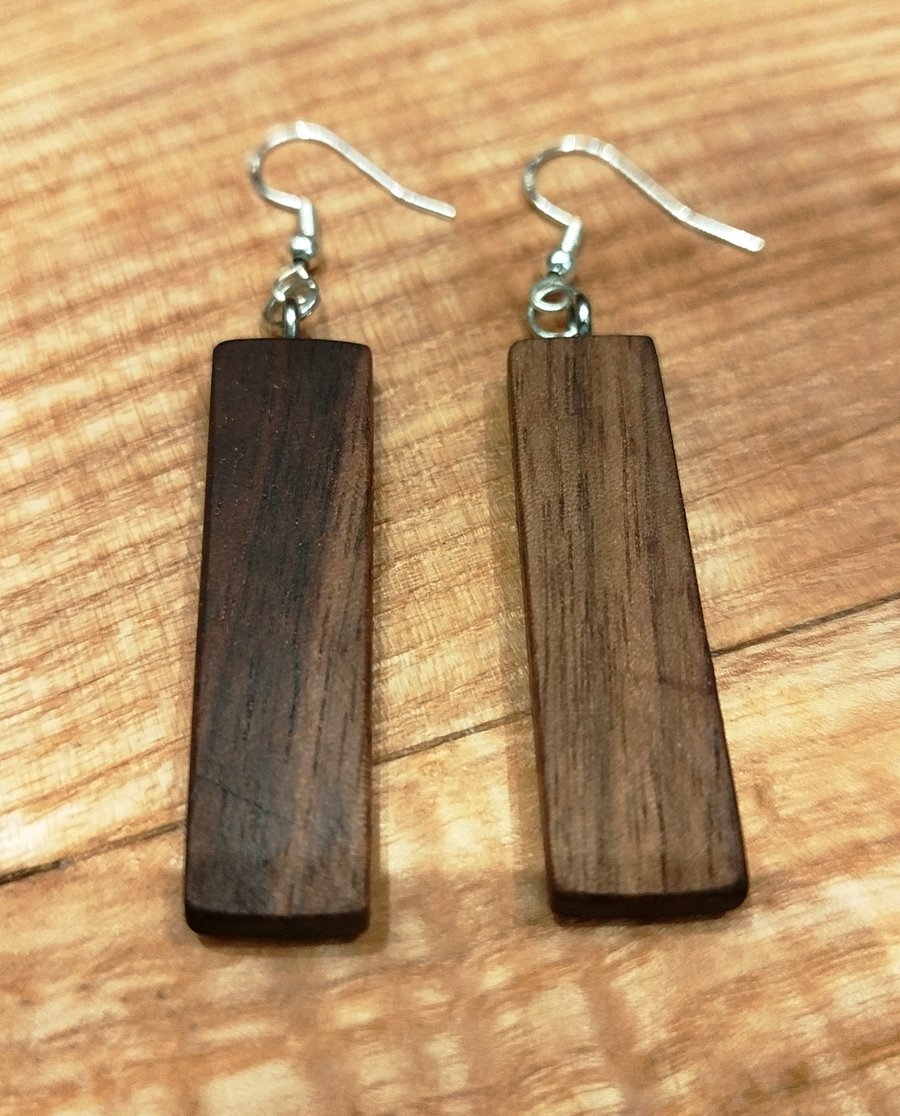 Handmade Wooden Earrings - Long Geometric Rectangles in American Walnut