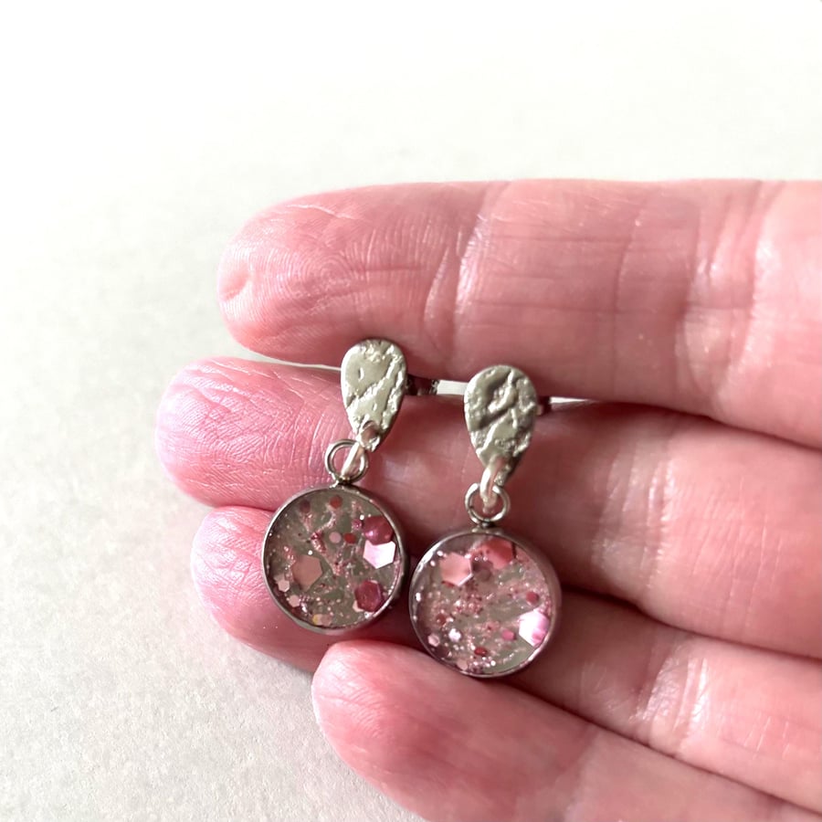 Pink Glitter Round Drop Stainless Steel Earrings 