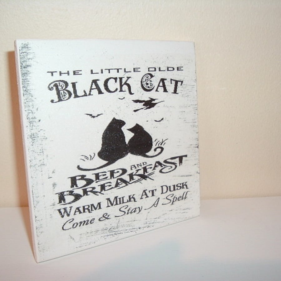 shabby chic distressed black cat bed/breakfast- plaque-halloween