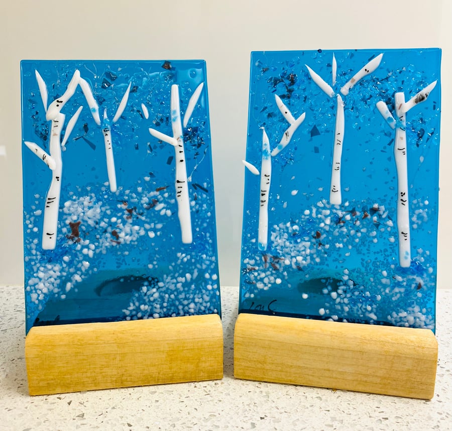Winter frees fused glass art panel that duals as a candle screen 
