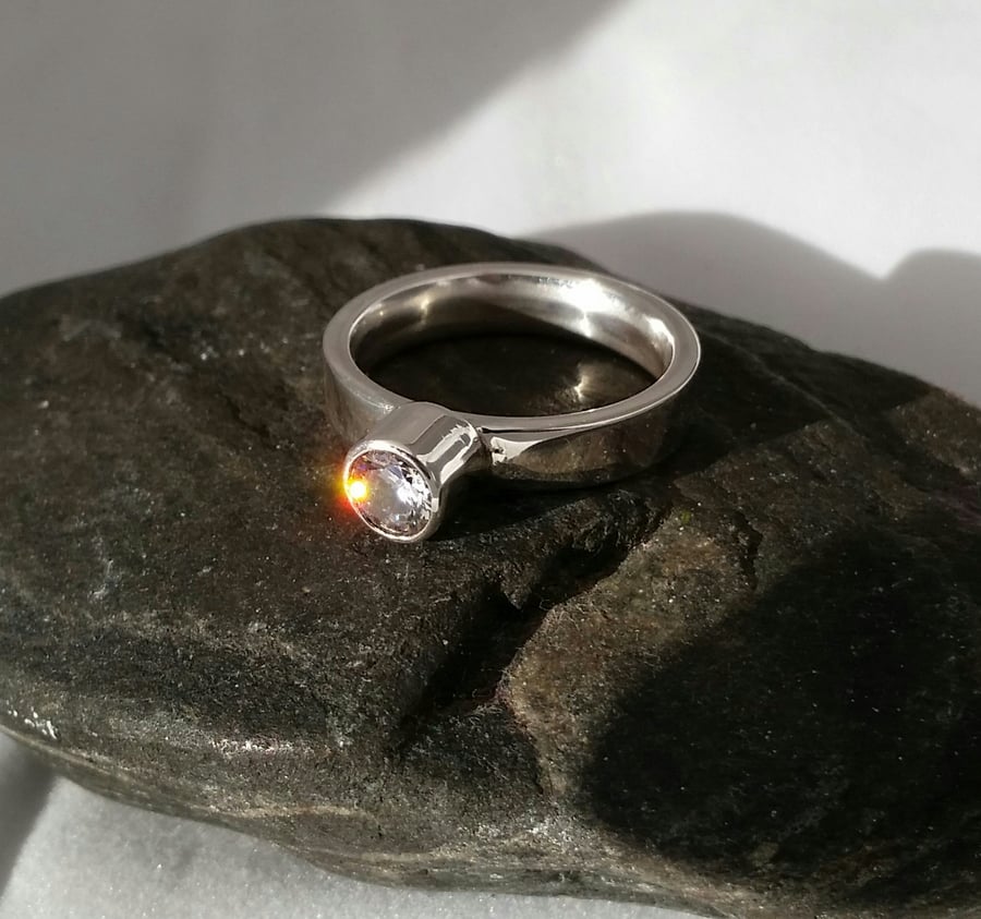 SALE Contemporary Statement Silver Solitaire Ring, Handmade Zircon Ring