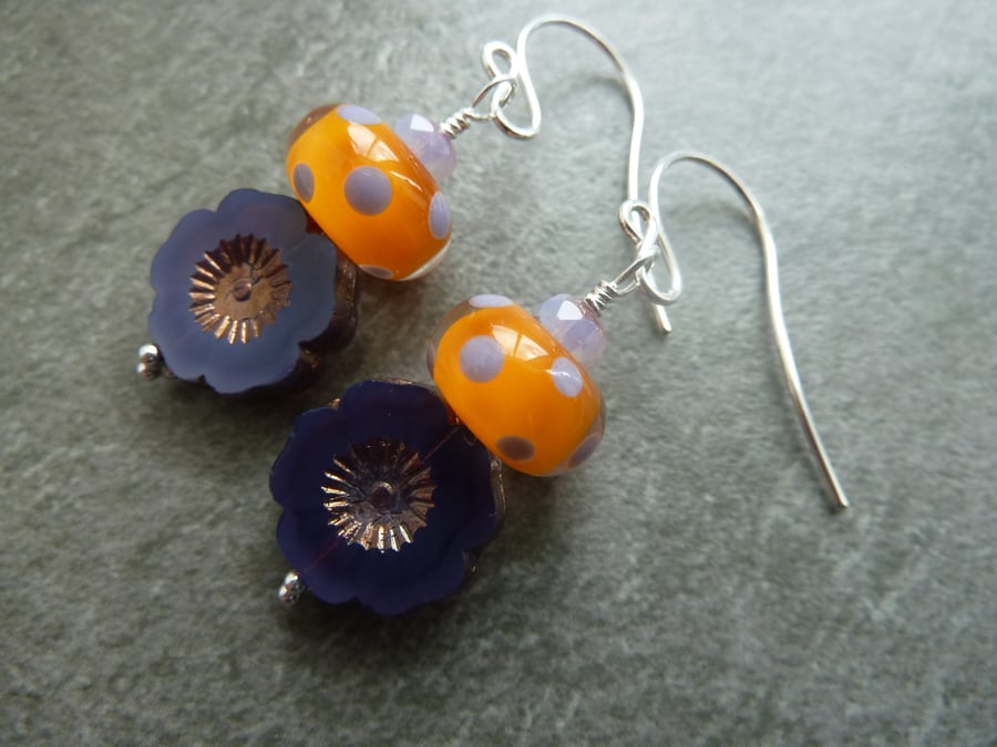 sterling silver earrings, orange polka dot lampwork glass and purple flower