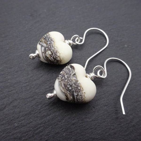 lampwork glass ivory wrapped heart earrings, sterling silver jewellery