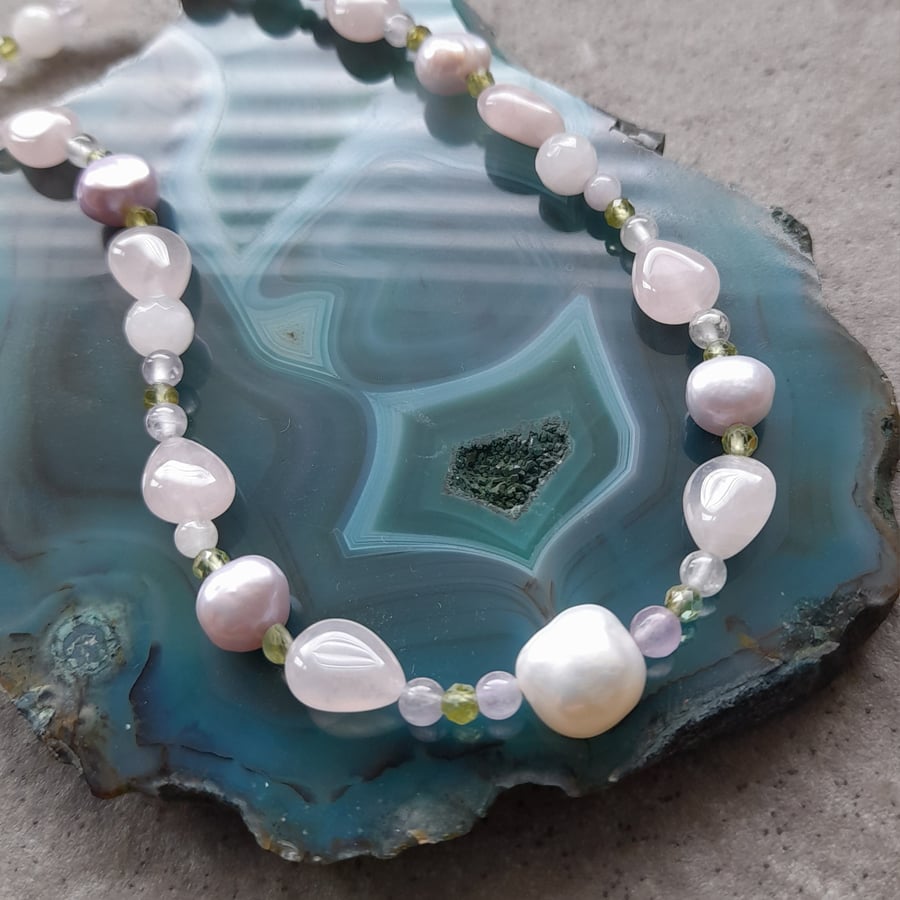 Rose Quartz Peridot Amethyst And Pearl Beaded Necklace 