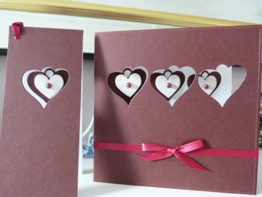 Three Hearts Dark Red Birthday Card with matching Gift Tag