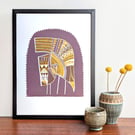 Scandi Mummy and Baby Bird in Purple and Mustard - A3