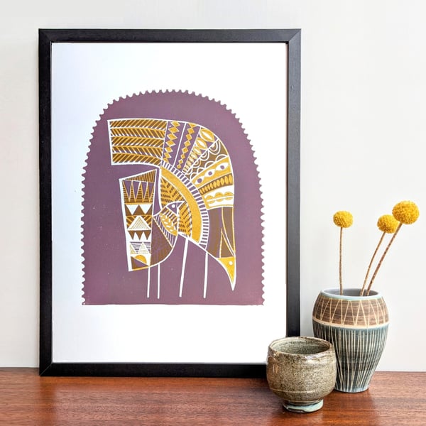 Scandi Mummy and Baby Bird in Purple and Mustard - A3