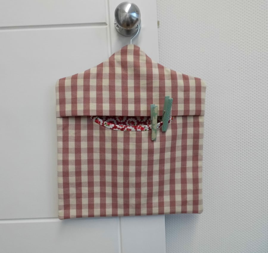 SOLD Peg bag in pink check with floral lining