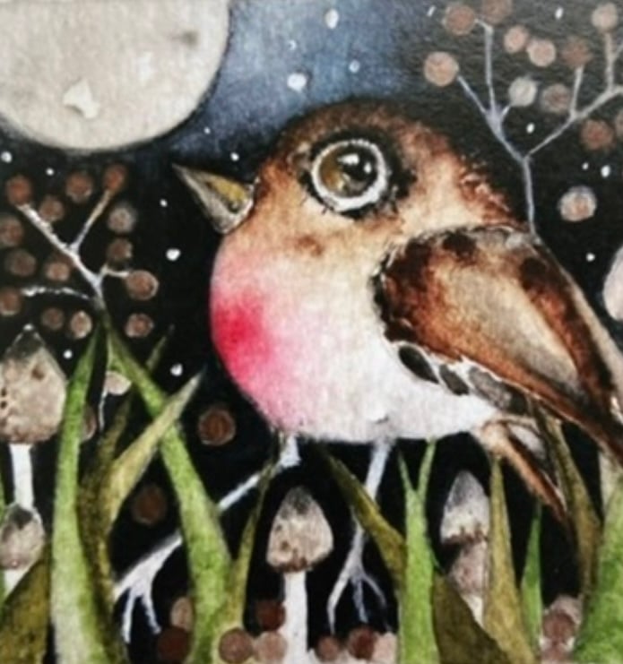 Whimsical Moon Gazing Bird Robin with Mushrooms Watercolour Print
