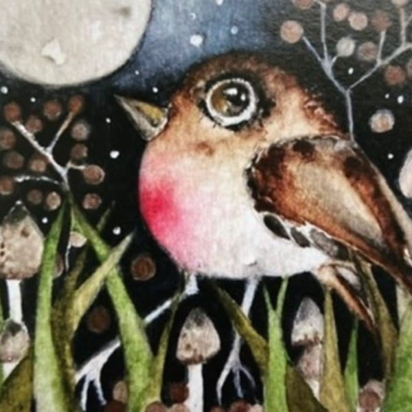 Whimsical Moon Gazing Bird Robin with Mushrooms Watercolour Print
