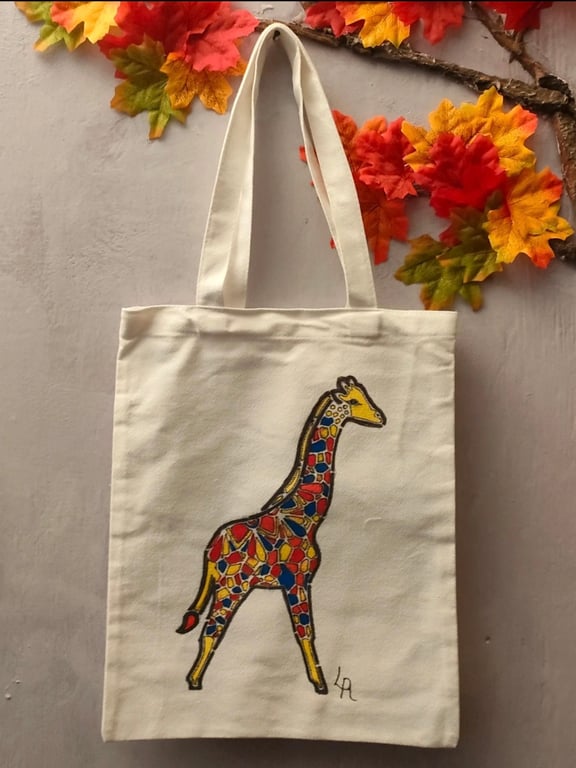 Hand Painted Canvas Tote Bag - Tall Order Mosaic Giraffe