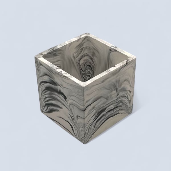 Plant Pot Cube - Unique White with Black Marbling Square Planter