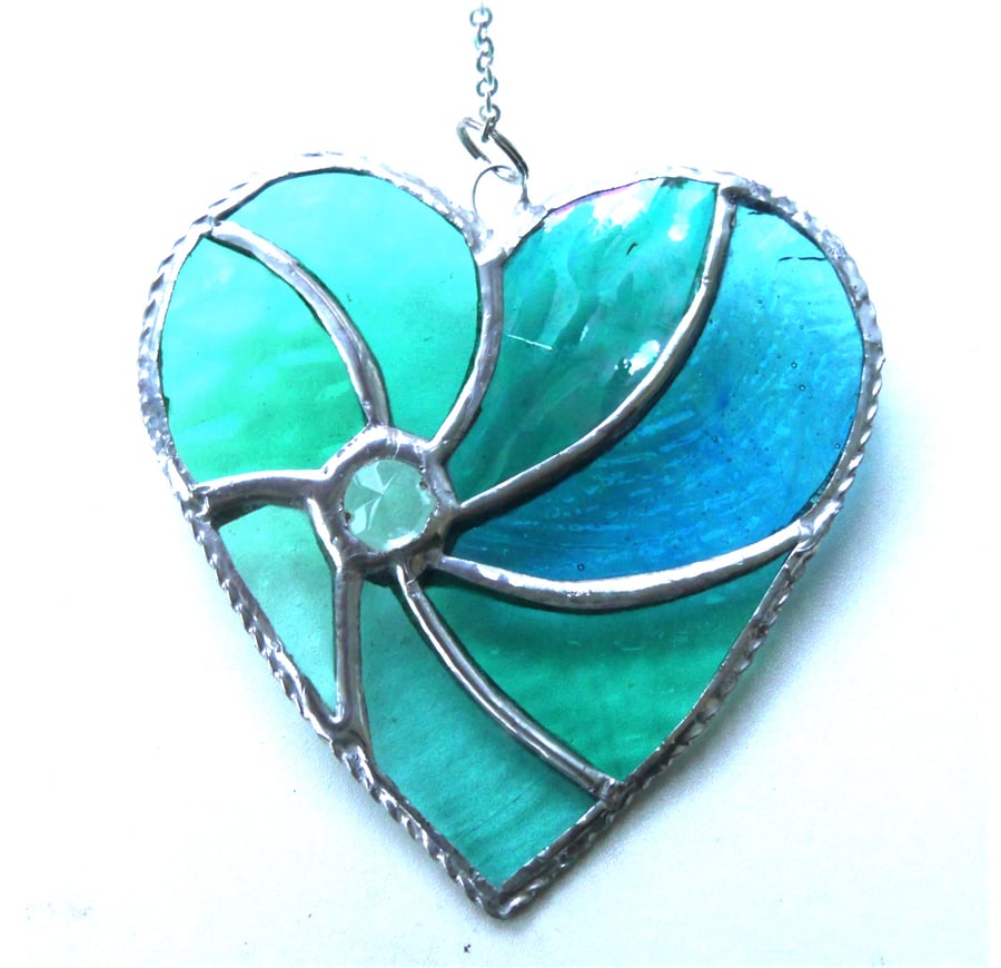 Sold 240312 Teal Swirl Heart Stained Glass Suncatcher 