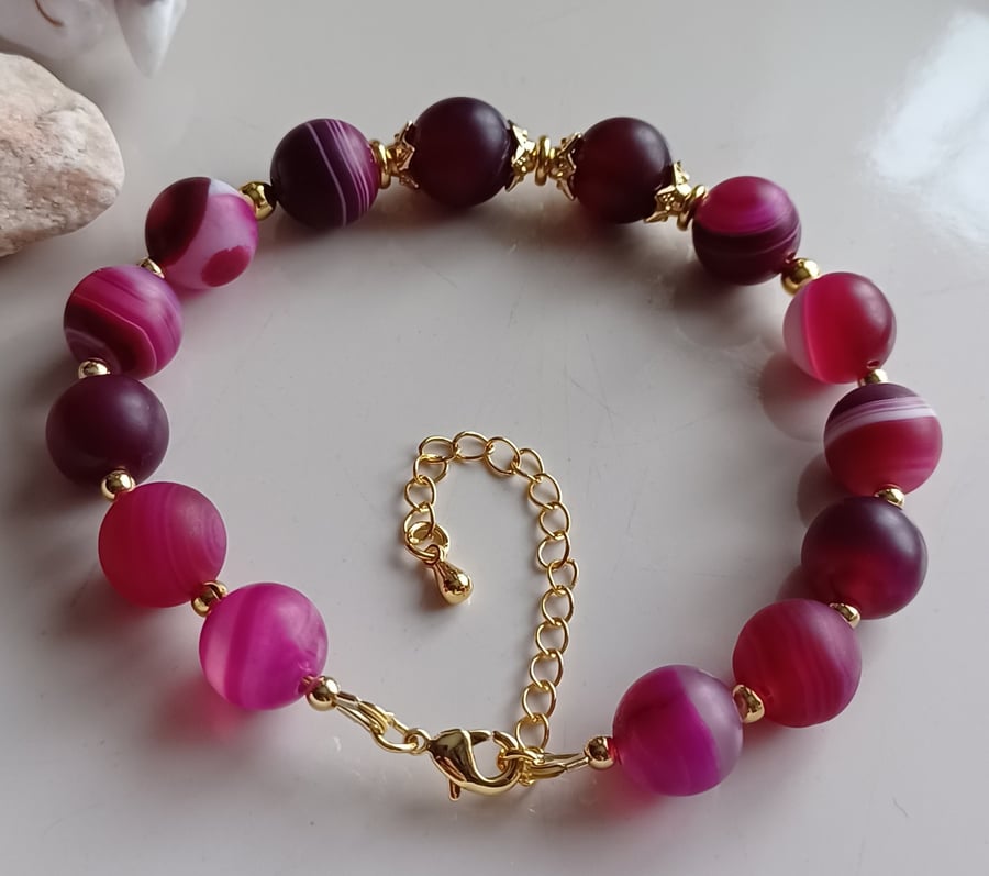 Pink Agate Beaded Bracelet, 10mm Matte Banded Agate, Adjustable Chain 18 -20 cm