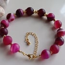 Pink Agate Beaded Bracelet, 10mm Matte Banded Agate, Adjustable Chain 18 -20 cm