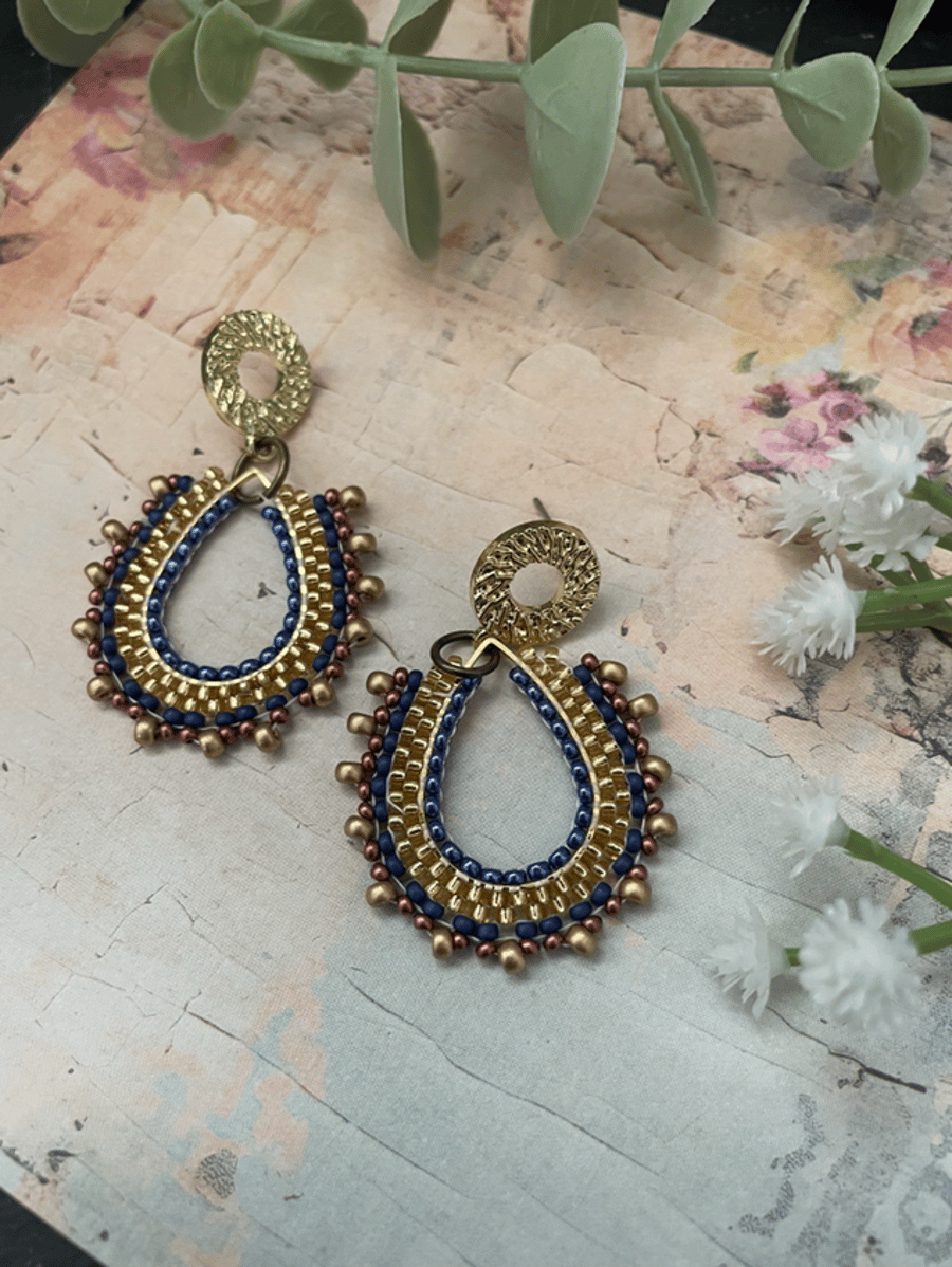 Elegant copper, gold and blue beaded dangle tear drop earrings 