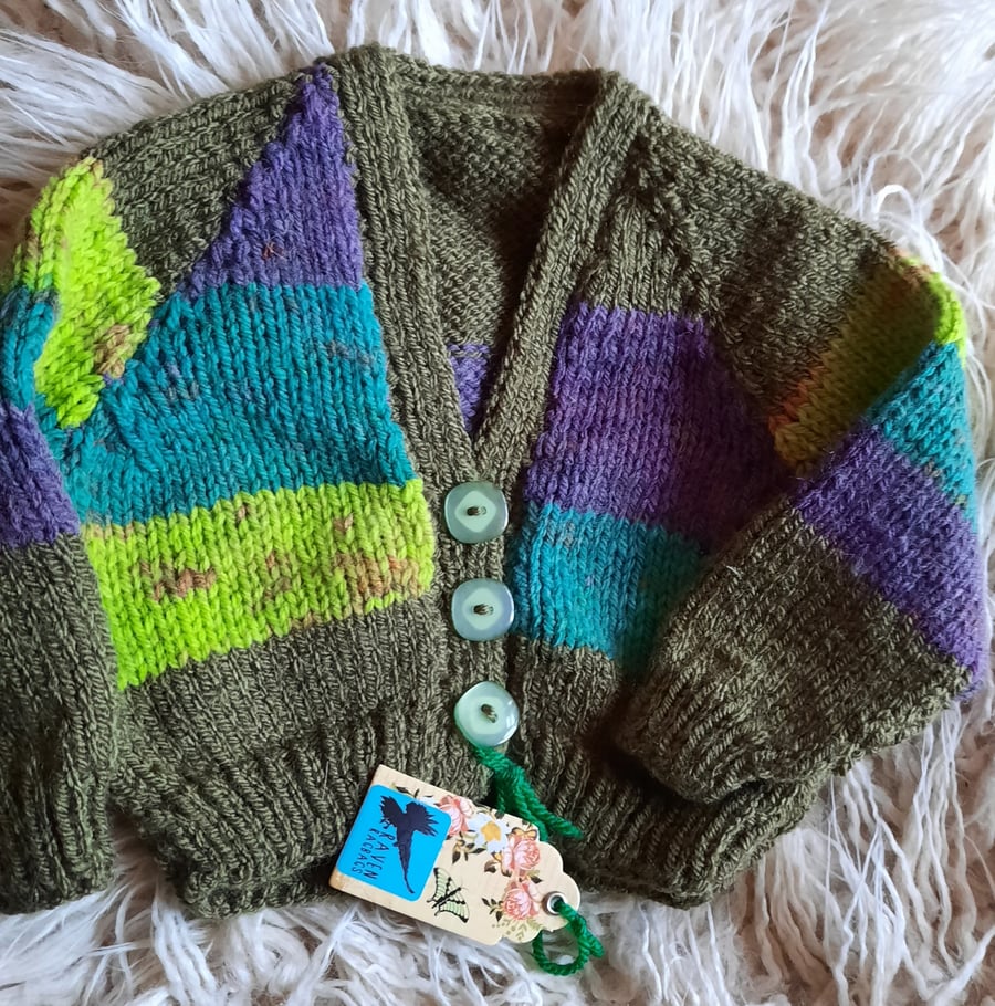 Hand knitted Moss green Country Style Baby Cardigan 