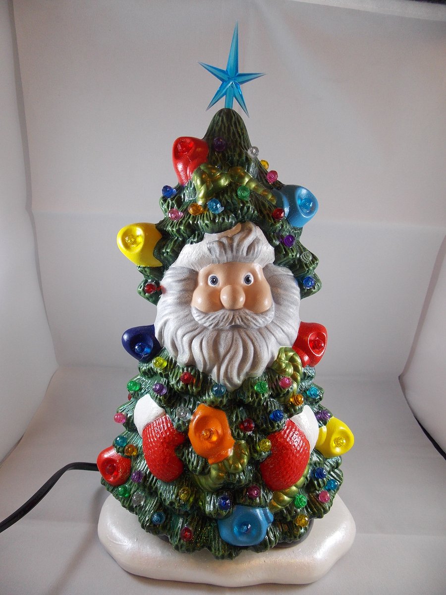 Ceramic Hand Painted Father Christmas Xmas Tree Table Lamp Light Decoration.