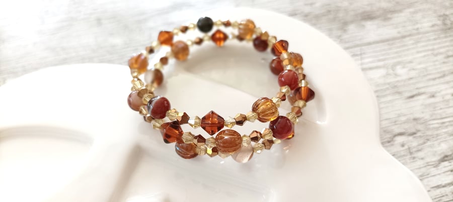 Gemstone and Bead Memory Wire Wrap rap Bracelet