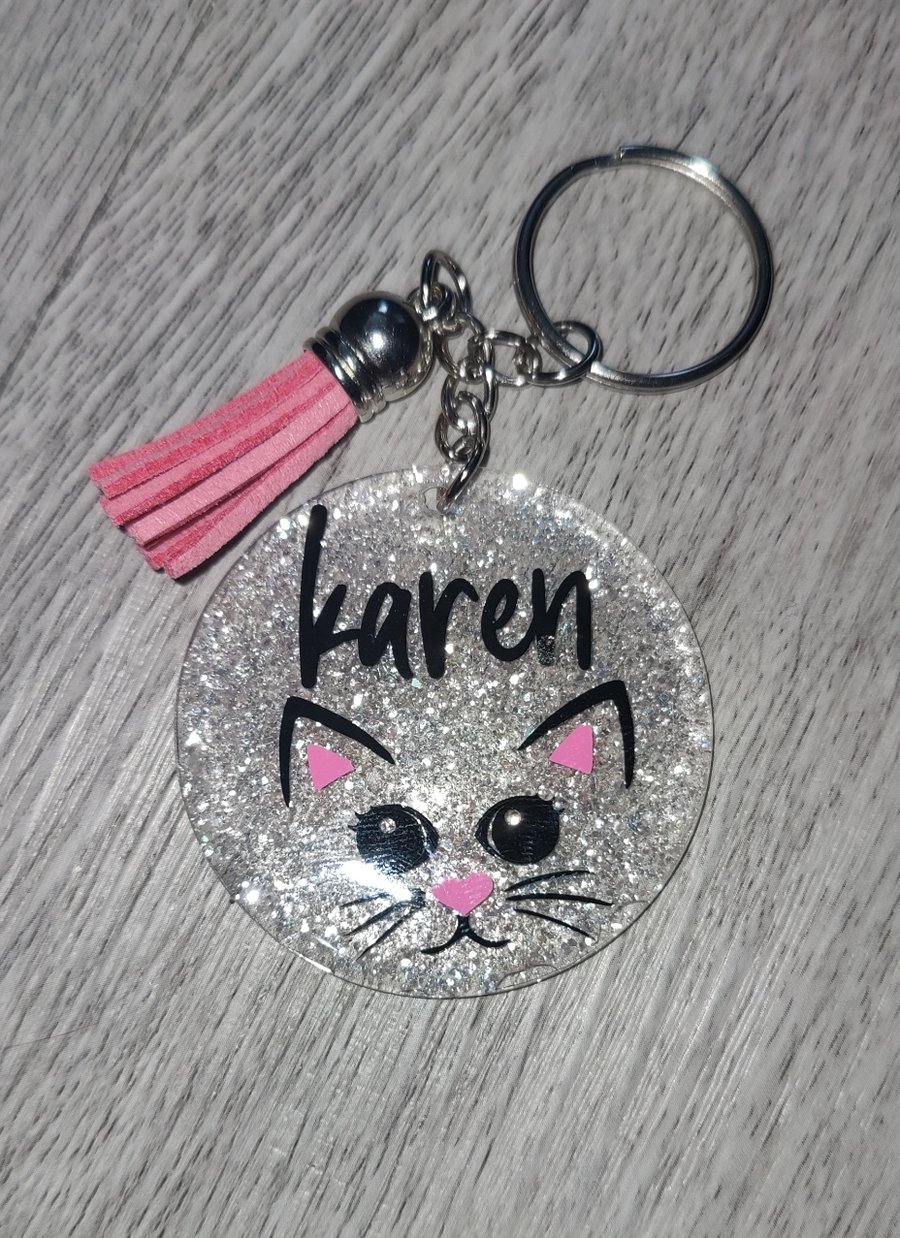 personalised cute cat face keyring