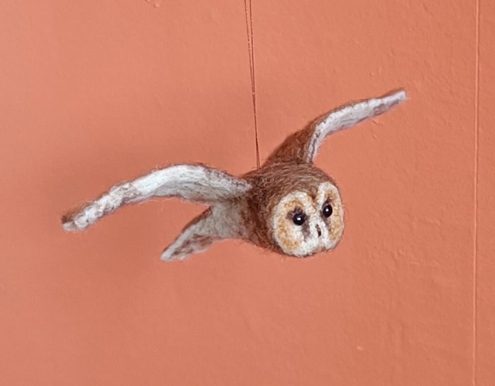 Owls in flight, Tawny owl style, individually needle felted sculptures