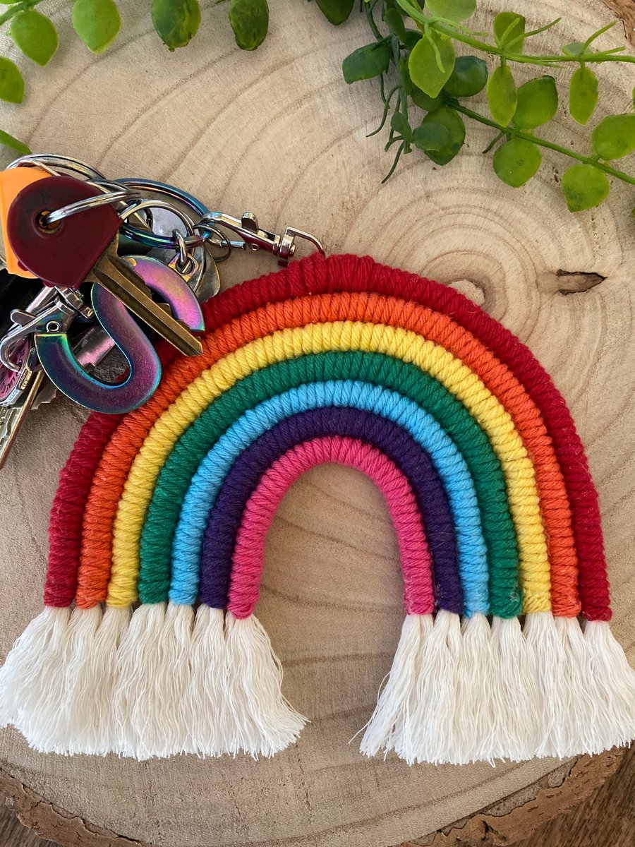 Macrame rainbow bag zipper charm, bag accessories, extra large keyring, rainbows