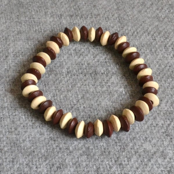 Brown and Cream Wooden Rondelle Bead Elastic Bracelet