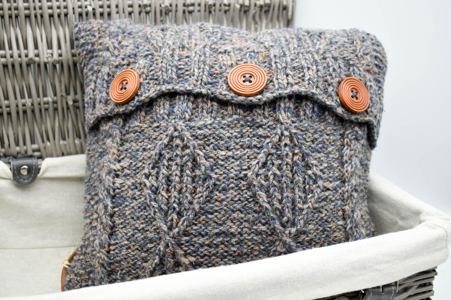 SOLD Blue and Grey marl hand knitted Aran design cushion 12"x12"