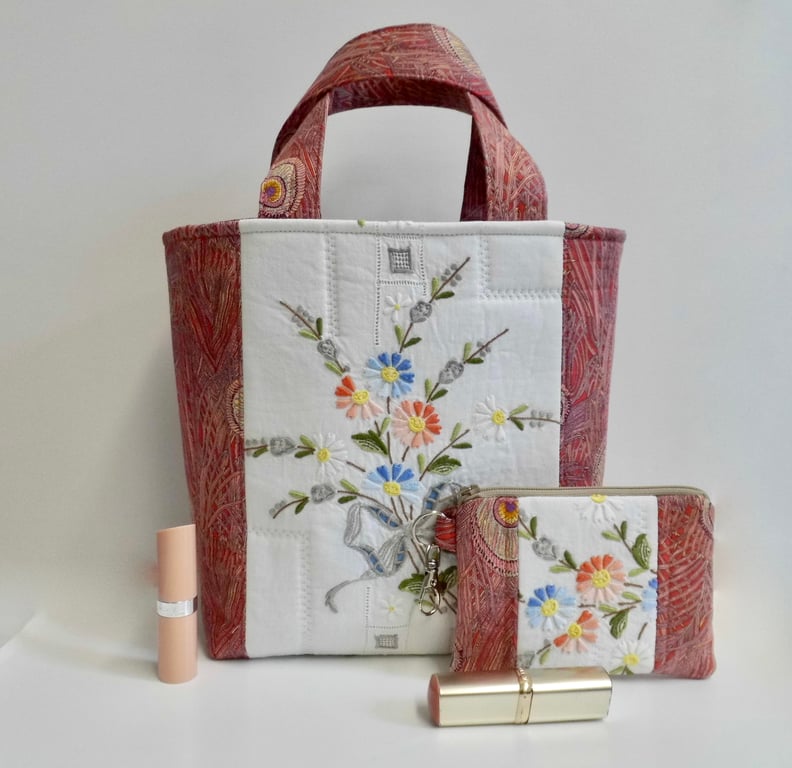 Handbag mini tote bag and purse vintage embroidery pink  up cycled