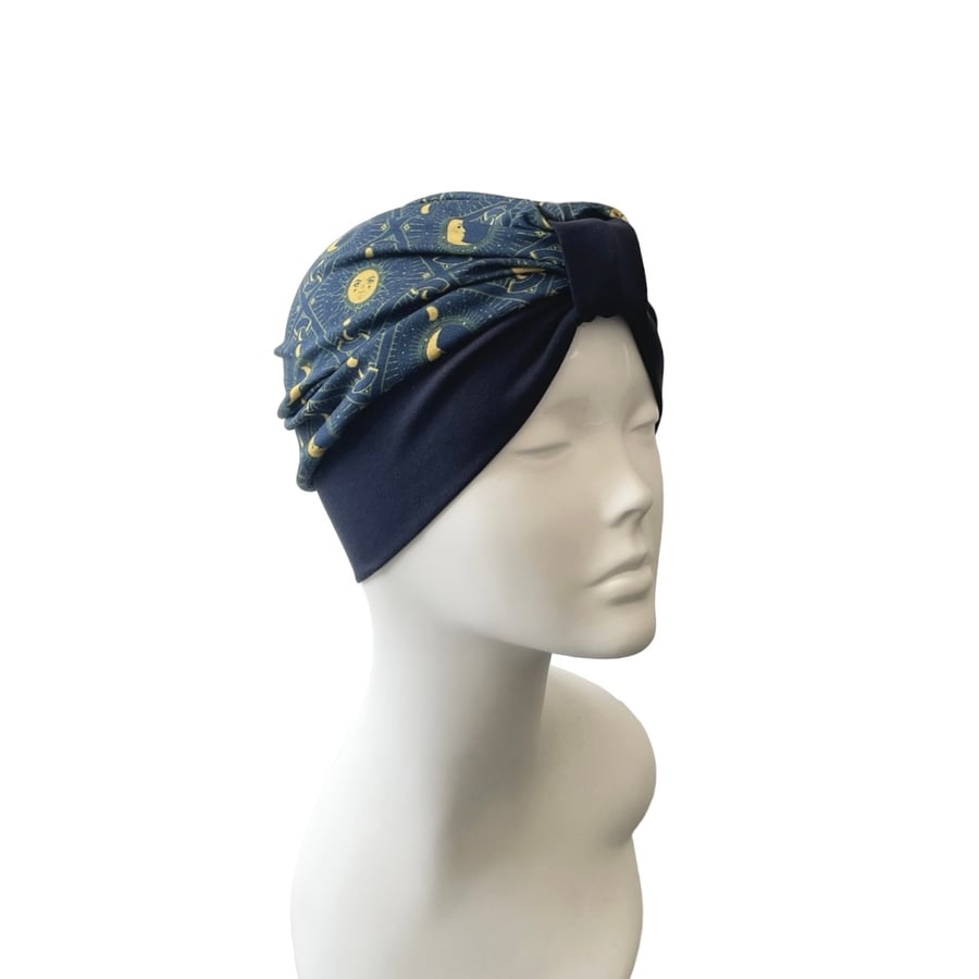 Celestial Print Navy Turban Hat Chemo Care Pack Gift for Her, Alopecia Turban 