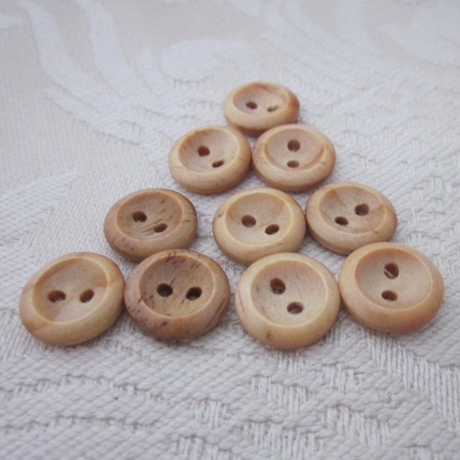 10 Small, Half Inch Concave Wooden Buttons