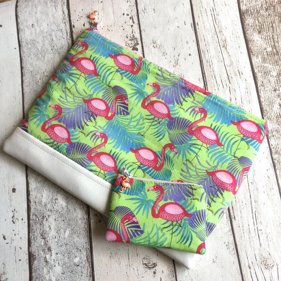 Flamingo Themed Large Clutch Bag & Coin Purse Set